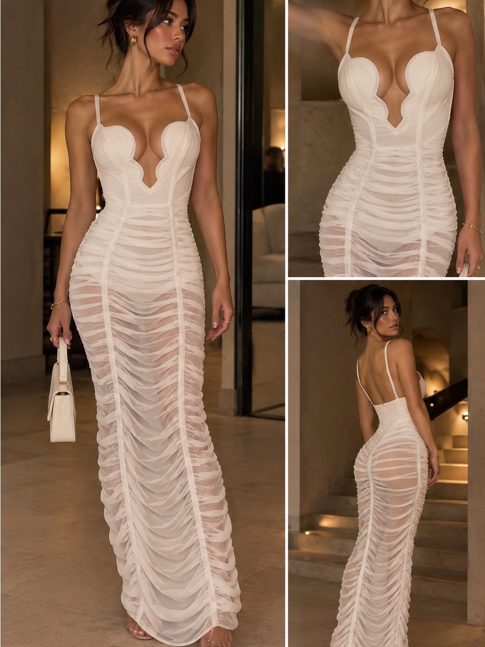 Fashion Nova Sheer Ruched Maxi Dress in Cream